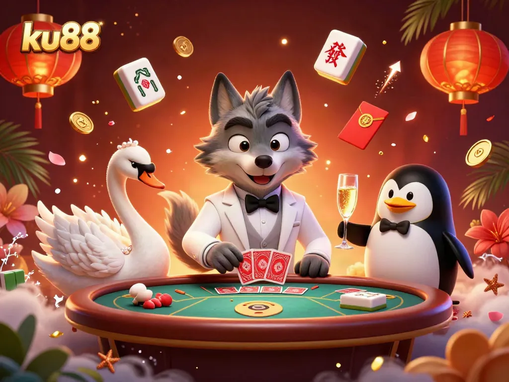 Experience the excitement of ku88 with a lavish casino scene featuring a debonair wolf, dealing cards and presenting champagne.