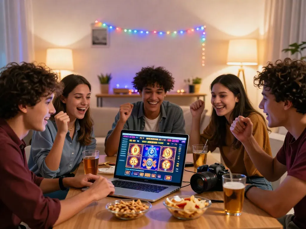 Friends enjoying situs gacor gaming experience in a lively living room setting.