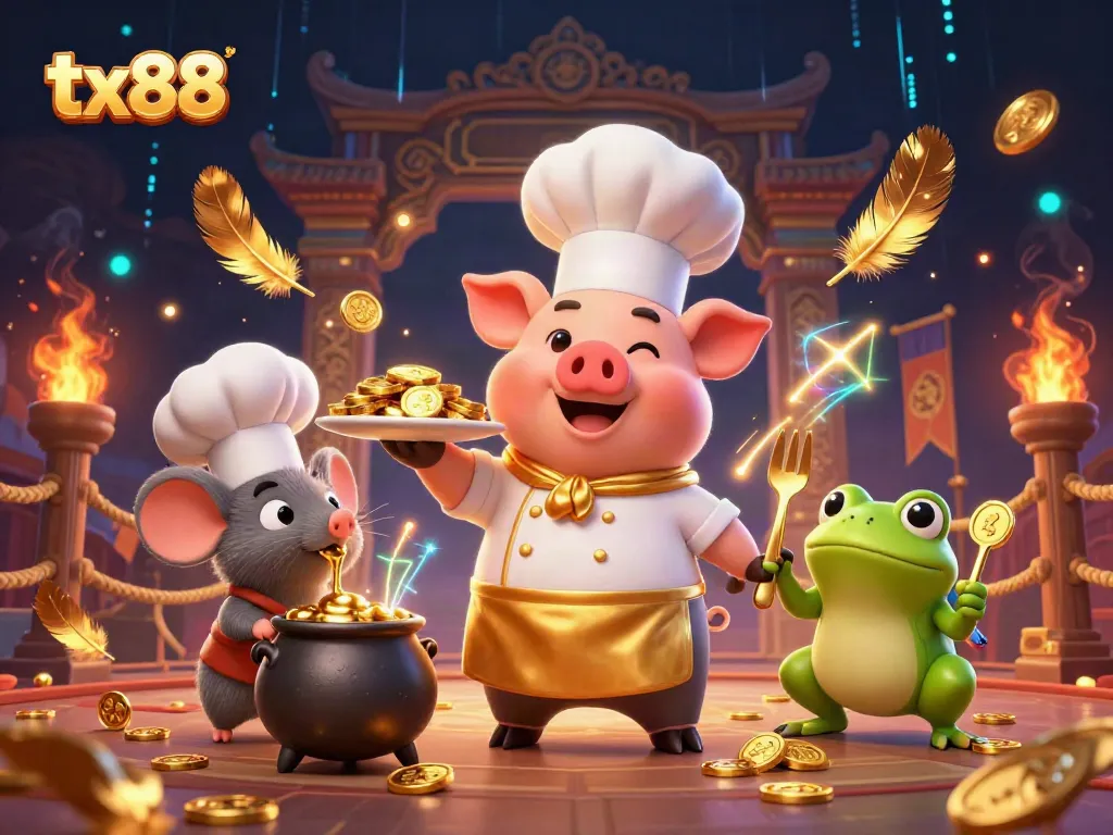 Experience excitement with tx88's vibrant casino atmosphere featuring sparkling gold coins and dynamic characters.