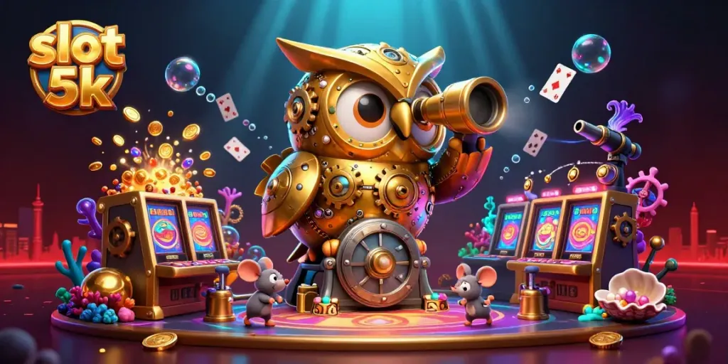 Experience the excitement of slot 5k with a vibrant 3D illustration featuring a golden owl and immersive casino atmosphere.