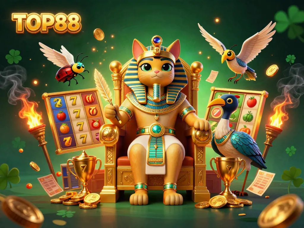 Engage in thrilling slot games at TOP88 with vibrant Egyptian-themed 3D characters and dynamic game elements.