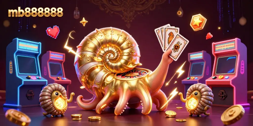 Engage in thrilling gameplay with mb888888, featuring a giant nautilus roulette wheel and vibrant casino elements.