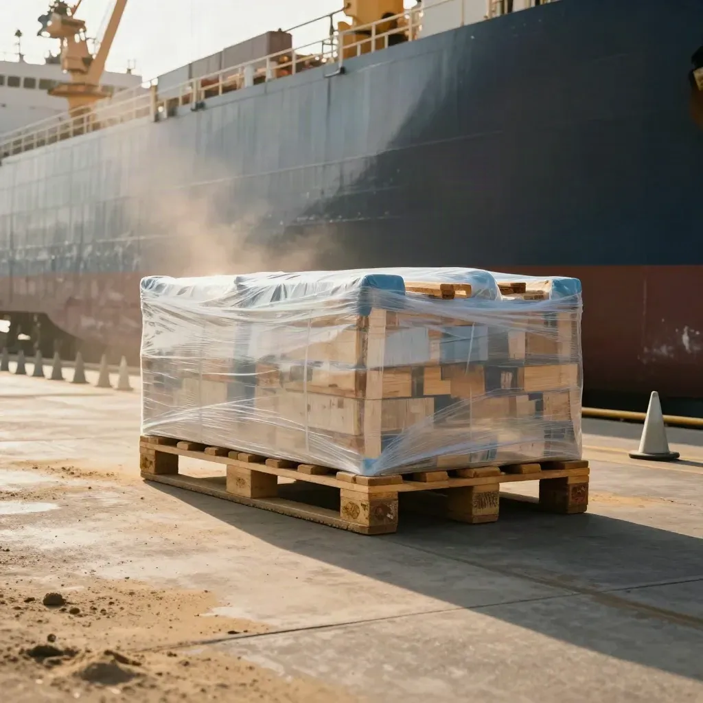 Paleta cargo przy przeładunku, z cieniem dźwigu i pachołkami na nabrzeżu.