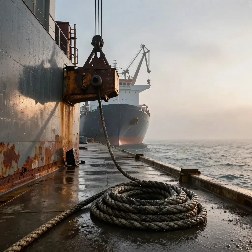 Mokry port o świcie: lina cumownicza, kontener i opuszczony spreader przy nabrzeżu.