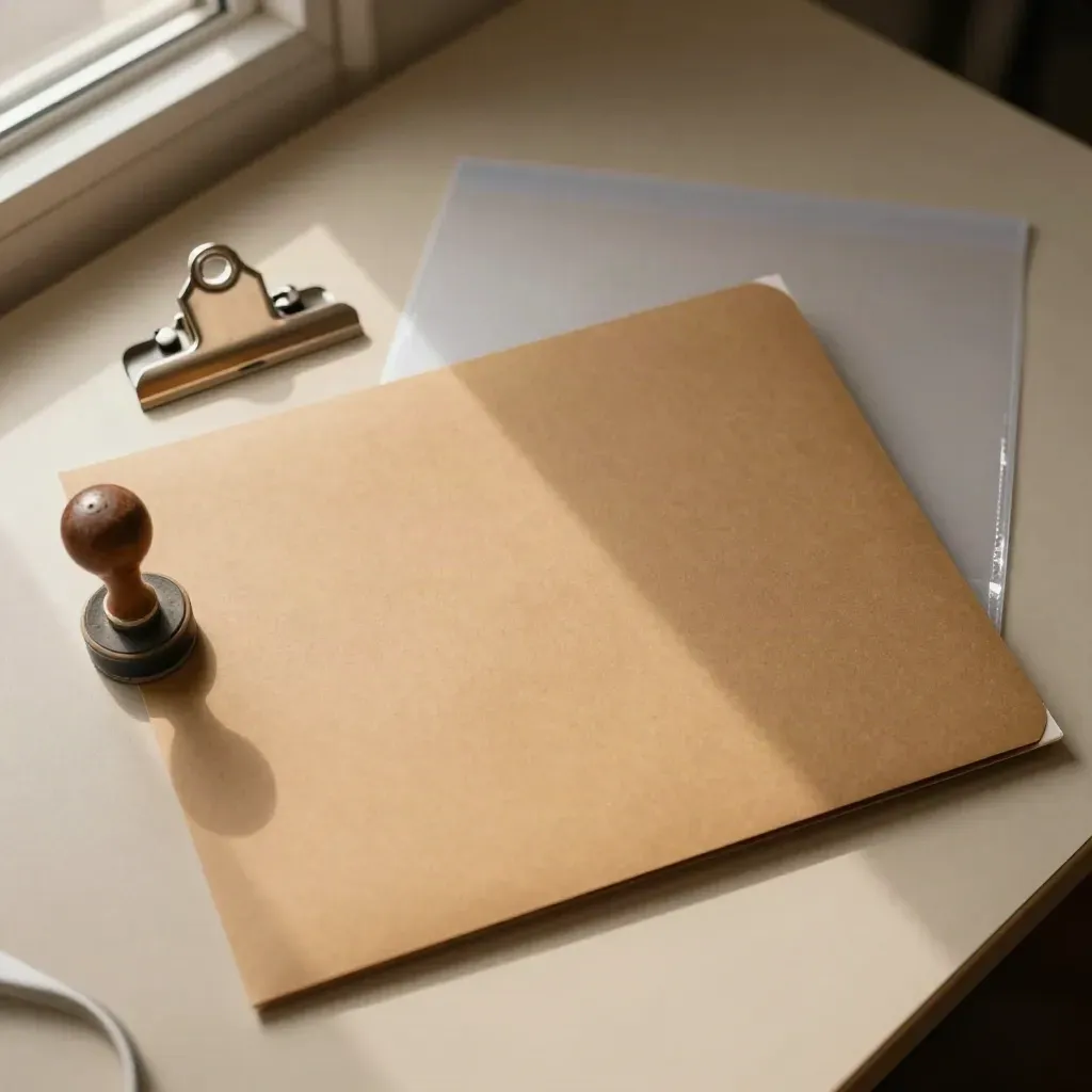 Widok z góry: folder celny, stempel i przezroczysta koszulka na jasnym biurku.