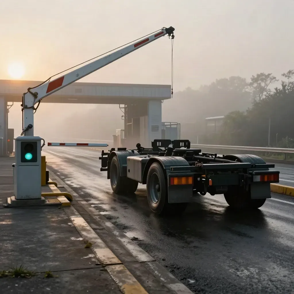 Szlaban portowy unosi się nad mokrą jezdnią i chassis w porannej mgle.