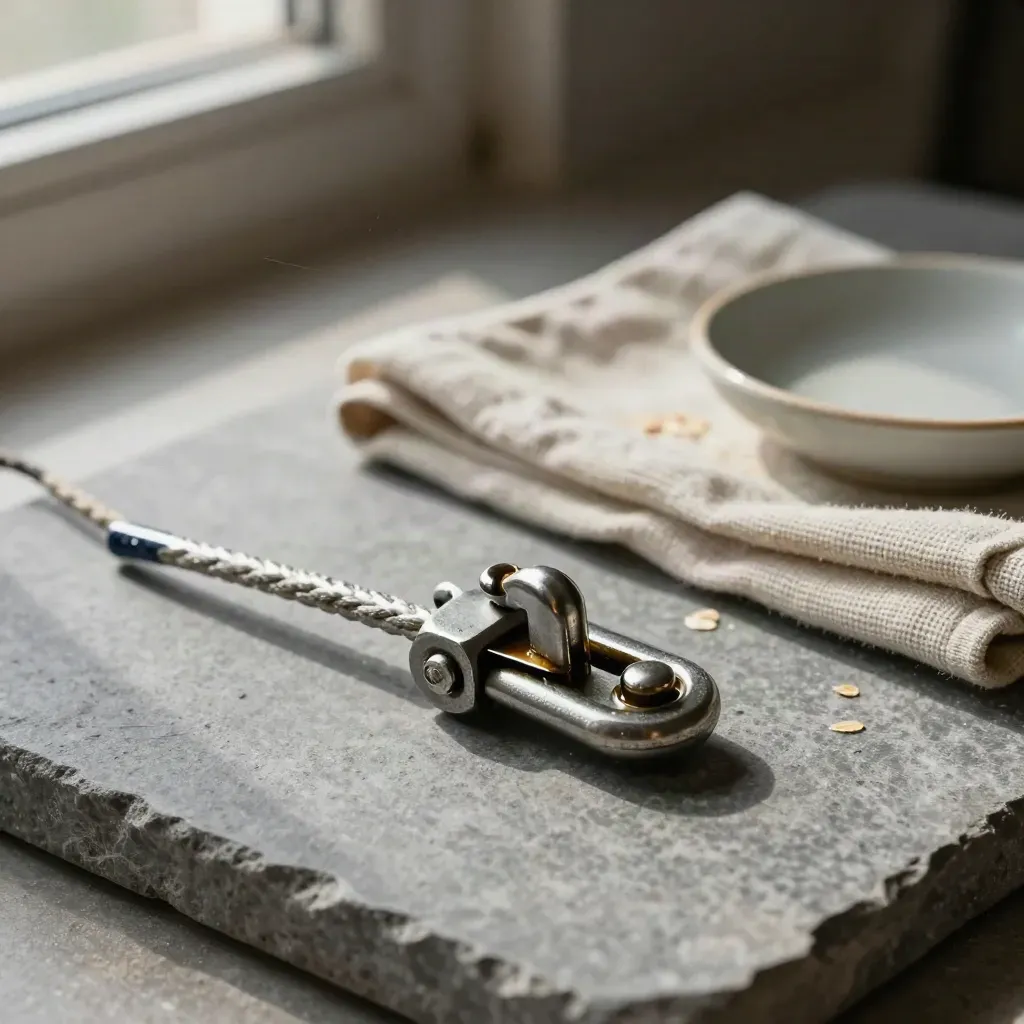 Widok z bliska stalowego twistlocka do kontenera, obok szmatka i ceramiczna miseczka na kamieniu.