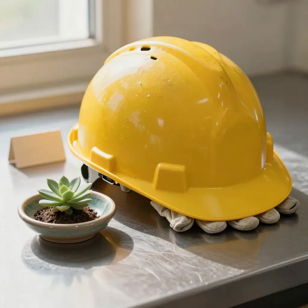 Żółty kask ochronny z rękawicami, rośliną i misą ceramiczną na stalowej powierzchni