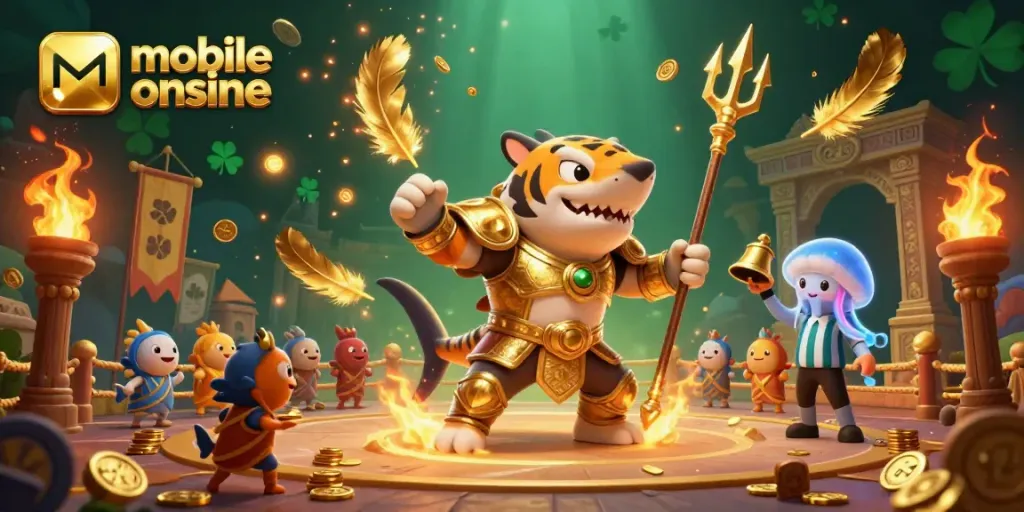 Engage in exciting mobile online casinos with this vivid illustration showcasing a gladiator shark, a jellyfish referee, and vibrant gaming elements.