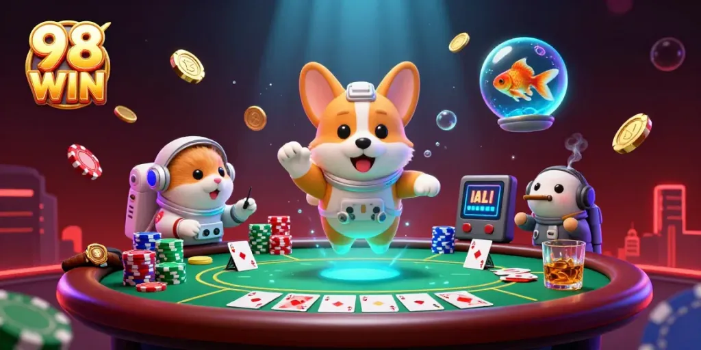 Experience the excitement of 98 WIN in a floating casino scene filled with poker elements and vibrant colors.