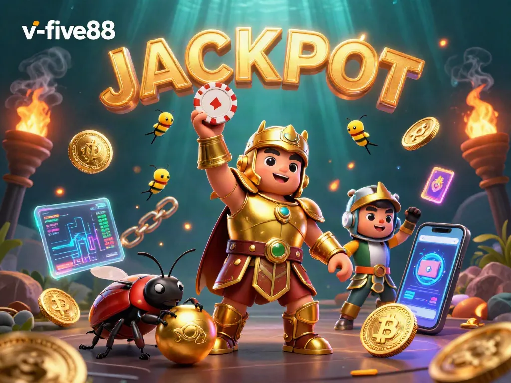 Spin the reels for big wins at v-five88, featuring heroic beetles and glowing cryptocurrency elements.