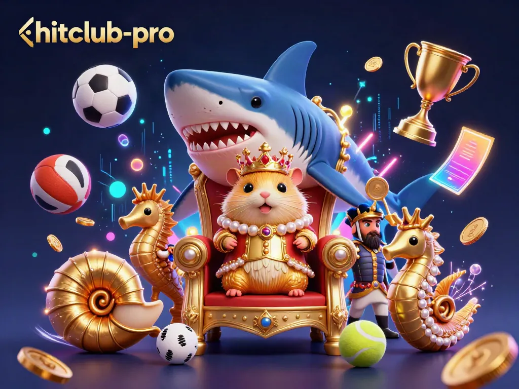 Engage with hitclub-pro as the golden hamster king rules on a megalodon throne surrounded by sports betting excitement.
