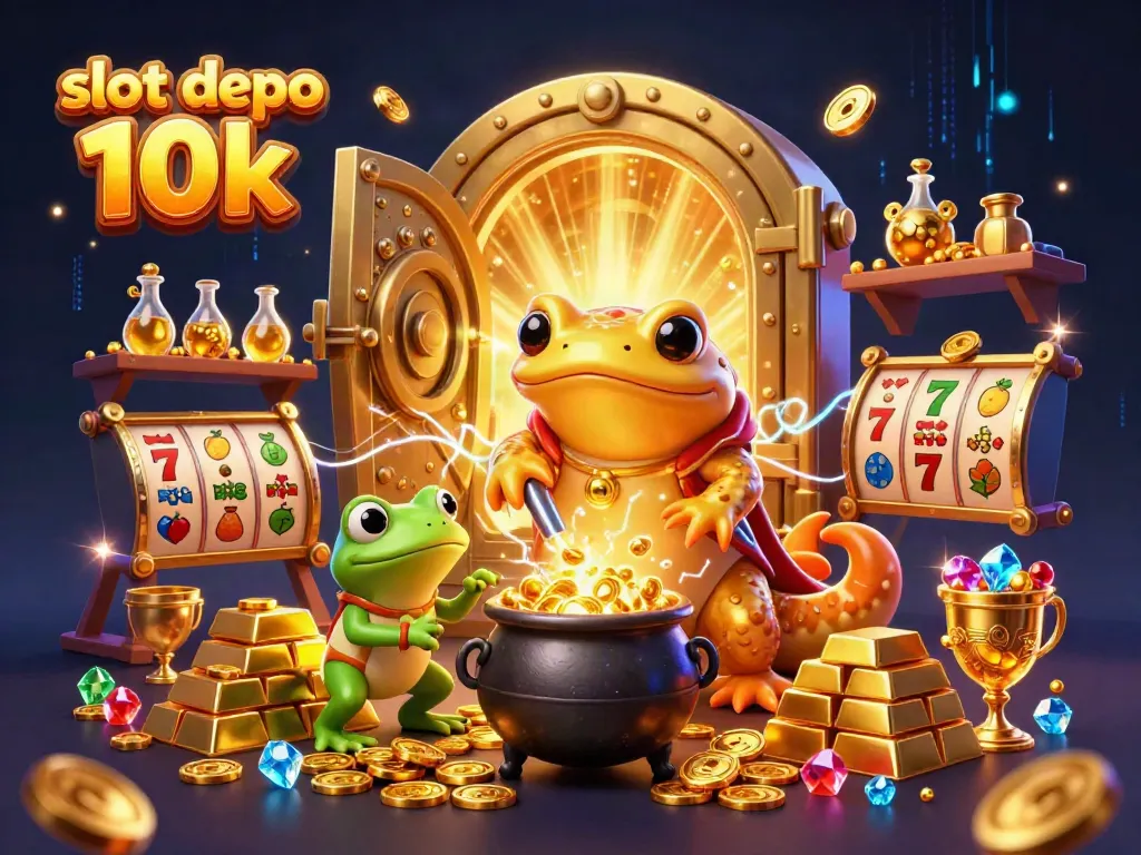 Engage in thrilling action with slot depo 10k surrounded by gold coins, jewels, and alchemical wonders.