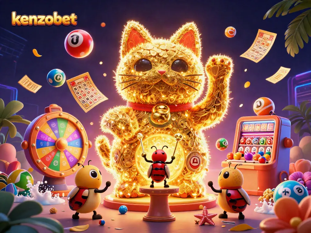Kenzobet's thrilling lottery scene with bouncing colorful balls and a lucky cat made of golden fireflies.