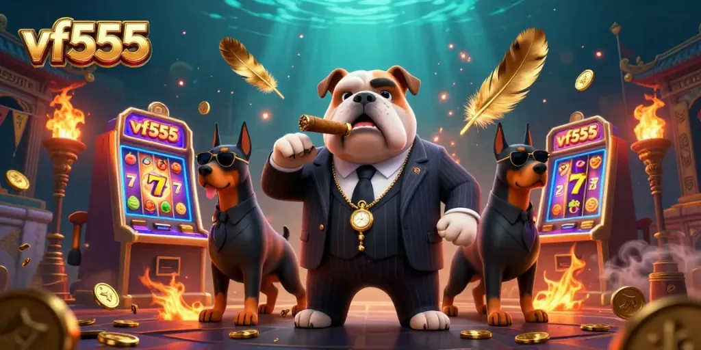 Experience thrilling gaming action at vf555 with a dynamic casino illustration of a mafia bulldog and bodyguards.