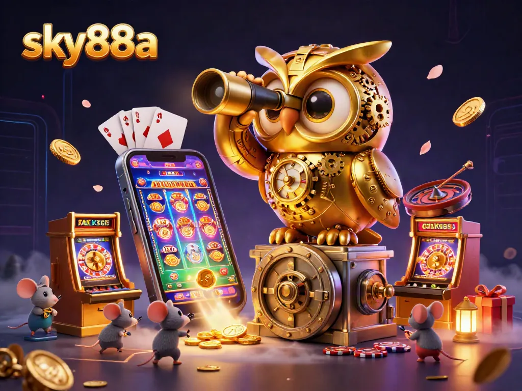 sky88a offers exciting casino experience with golden owl overlooking festive slot games and players.