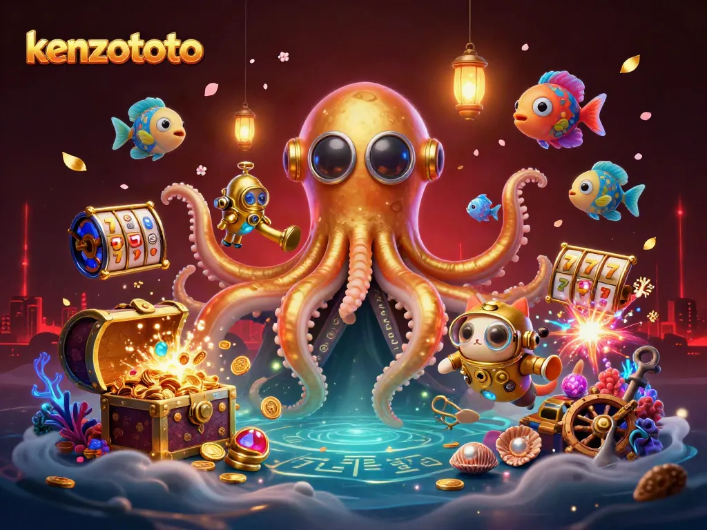 Engage with kenzototo's thrilling underwater world, featuring a kraken and diving cat amidst rich slot game visuals.