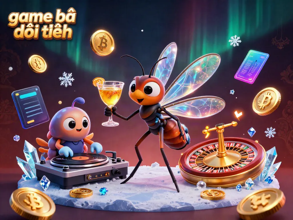 Engage with game bài đổi thưởng action featuring a lively casino mascot character, DJ, and golden roulette wheel elements.