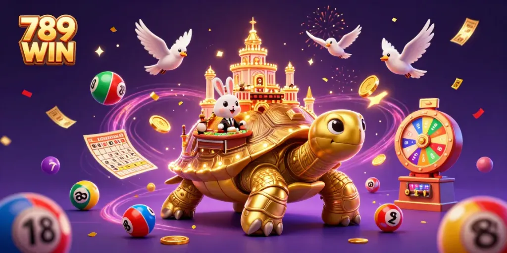 Engage in excitement with 789 WIN as the magnificent golden tortoise casino hosts thrilling games and prizes in this vibrant scene.
