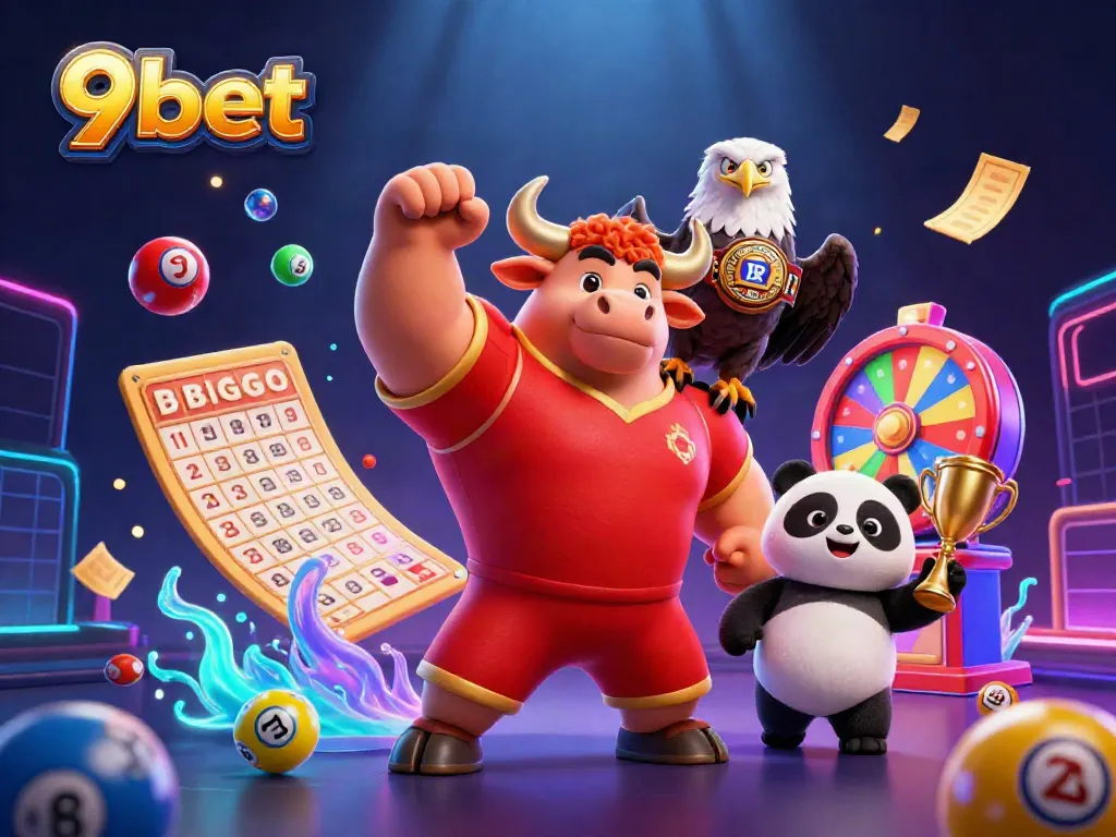 Experience thrilling wins with a dynamic 9bet casino scene featuring cartoon characters and vibrant lottery elements.