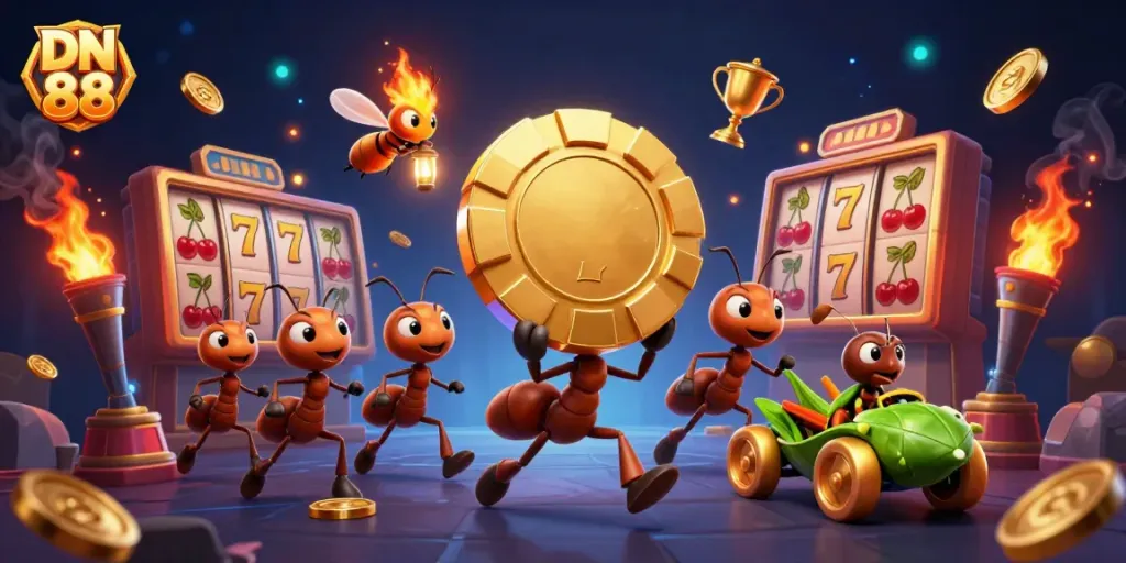 Watch as the playful DN 88 ants carry a giant poker chip in a thrilling casino heist scene, filled with vibrant game elements.