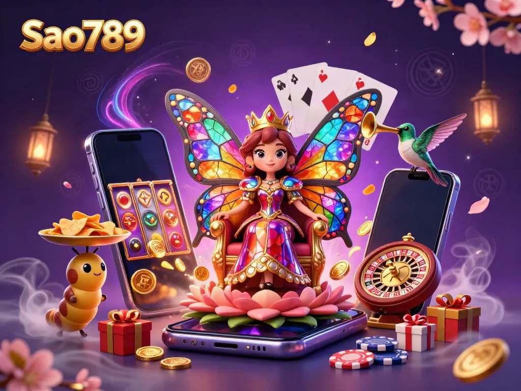 Sao789 slot game scene featuring a colorful 3D butterfly queen and dynamic gameplay elements.