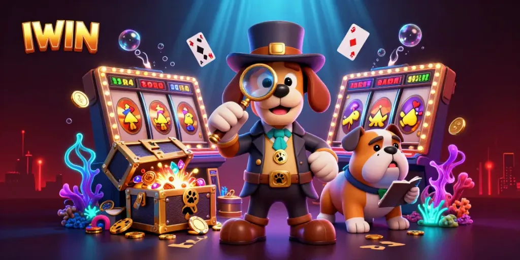 Join IWIN's thrilling adventure with cartoon characters exploring jackpot treasures in a vibrant casino scene.