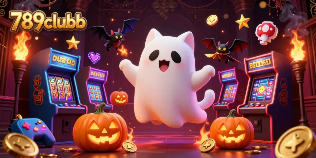 Engage with 789clubb's thrilling casino experience featuring a ghost cat and bat in a dynamic haunted scene.