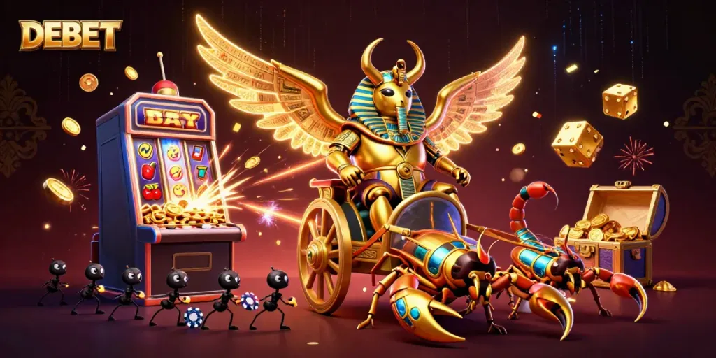 Experience the vibrant gaming world of DEBET with a dazzling scene of cartoon characters, slot machines, and casino elements.