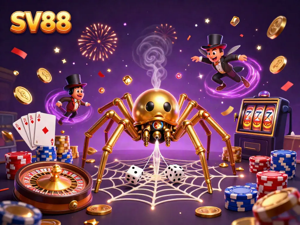 SV88 captivating scene featuring a golden spider weaving a web of luck with casino elements.