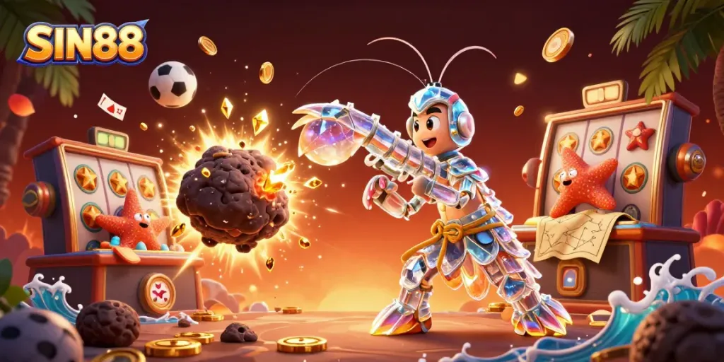 SIN88 showcases an explosive casino adventure with a galactic shrimp breaking through an asteroid surrounded by vibrant gaming elements.