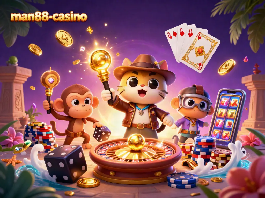 Explore thrilling man88-casino gameplay with vibrant elements celebrating jackpot wins and exciting casino adventures.