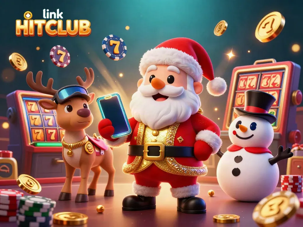 Experience thrilling wins with link HITCLUB in this vibrant casino illustration featuring Santa and friends.