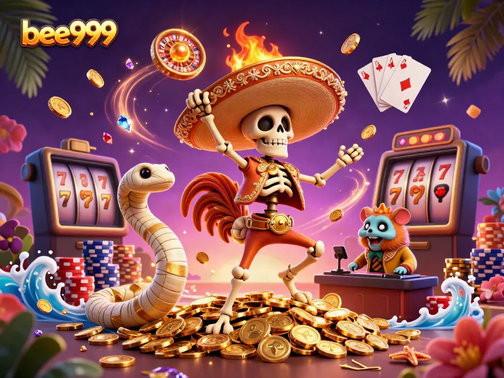 Engage with thrilling games at bee999, featuring a vibrant 3D casino scene with animated characters.