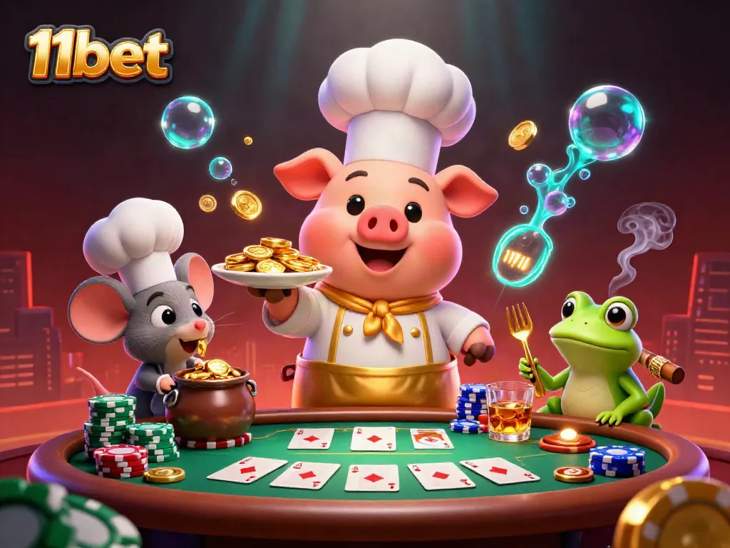 Experience the excitement of 11bet with gold coins, poker chips, and animated characters in a vibrant casino scene.