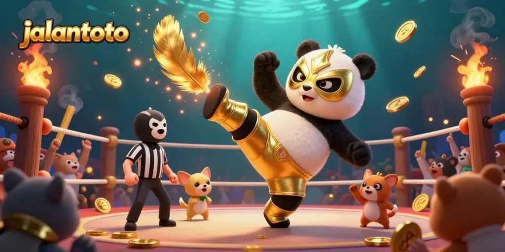 Experience thrilling jackpots with jalantoto, where a panda performs an epic kick in an animated casino showdown.
