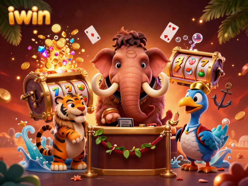 Experience thrilling gameplay at IWIN with a cartoon bouncer overseeing the casino entry, enhancing player excitement.
