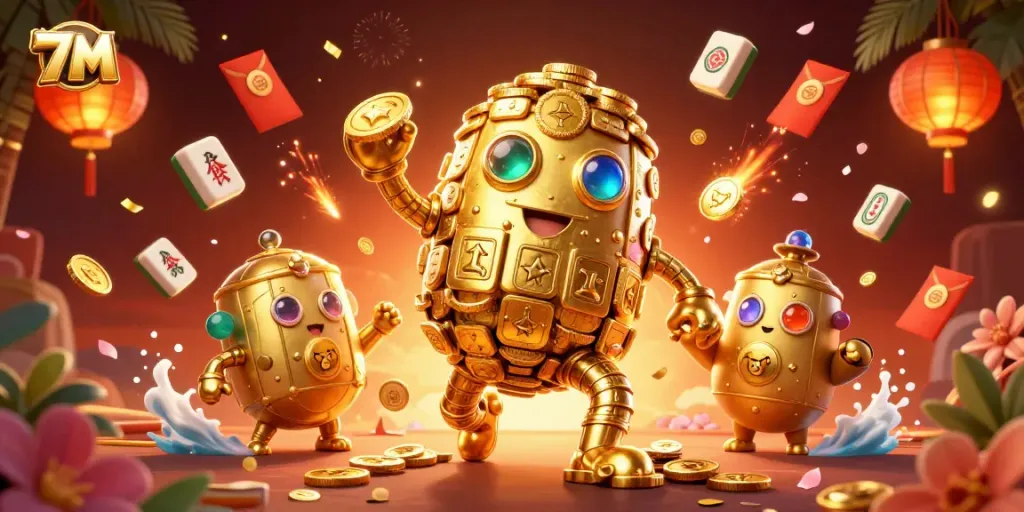 Experience thrilling action with 7M as ancient gold golems and casino elements sparkle in this vibrant scene.