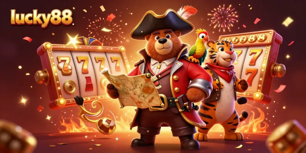 Experience excitement with lucky88's vibrant casino action featuring jackpot reels, pirate characters, and festive decorations.