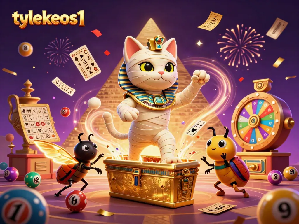 Experience thrilling gameplay at tylekeos1 with a dynamic scene of a mummy cat and festive lottery elements.