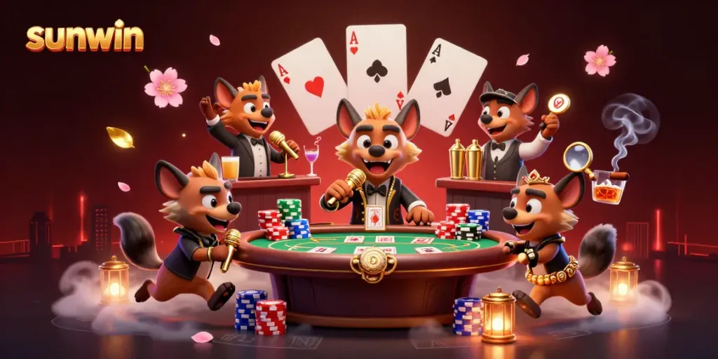 Experience the thrilling atmosphere of sunwin casino with hyenas in action, showcasing vibrant gambling elements.
