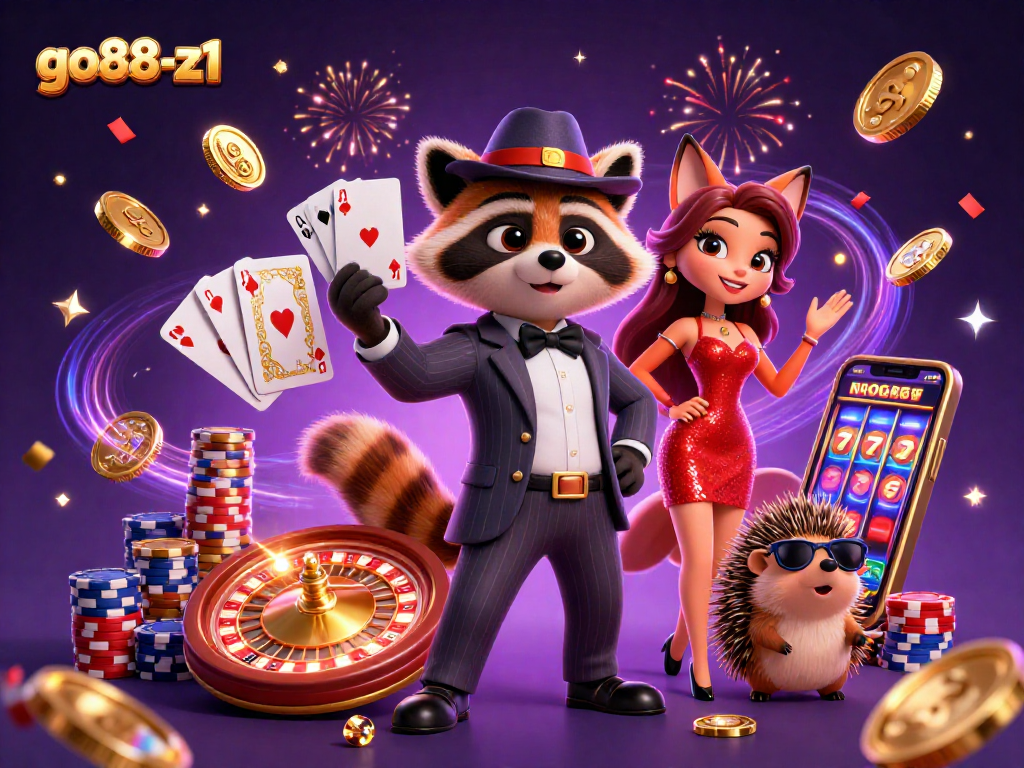 Join the fun at go88-z1 with a vibrant 3D scene of a raccoon and friends celebrating casino wins!