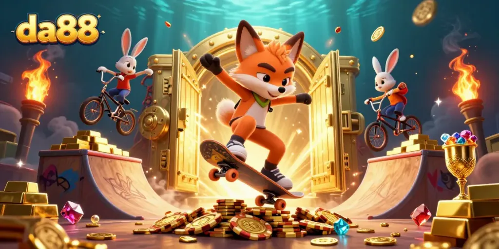 Experience thrilling gaming action at da88 with a vibrant casino-themed skateboard scene.