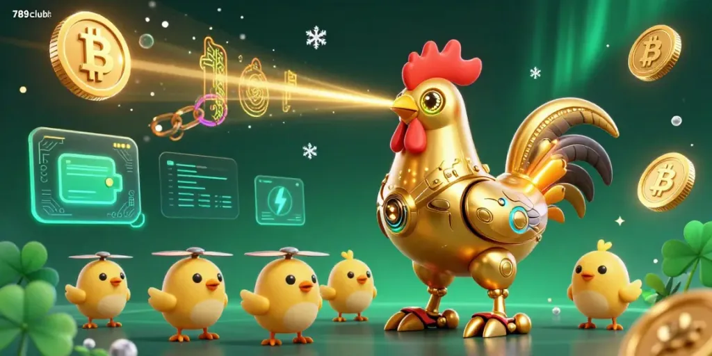 Engage with 789clubb's vibrant and dynamic illustration of a futuristic rooster robot and chick drones in a crypto casino setting.