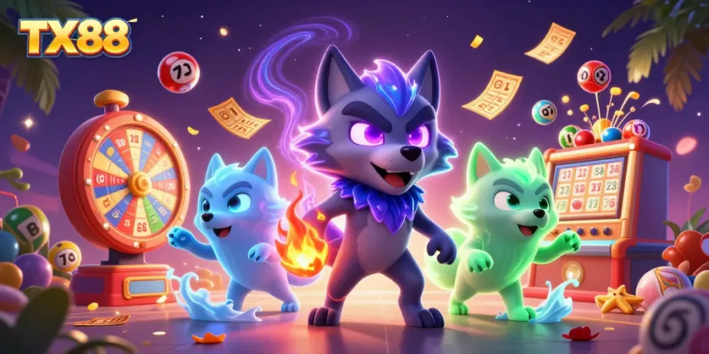 Bet on TX88 with a dynamic scene featuring energetic wolves, lottery balls, and vibrant casino elements.
