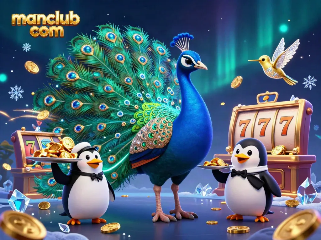 Experience the excitement of manclub com with a vibrant casino scene featuring a peacock, a penguin, and a hummingbird alongside lively slot elements.