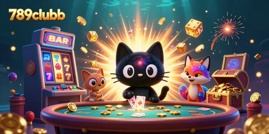 Experience the thrilling world of 789clubb with enchanting 3D characters at a cosmic casino table.