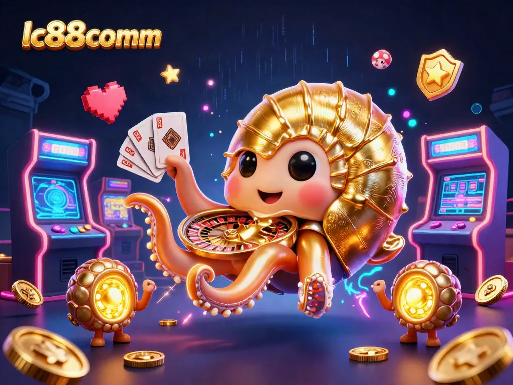 Spin the roulette at lc88comm with a giant nautilus and exciting arcade games in a vibrant scene.