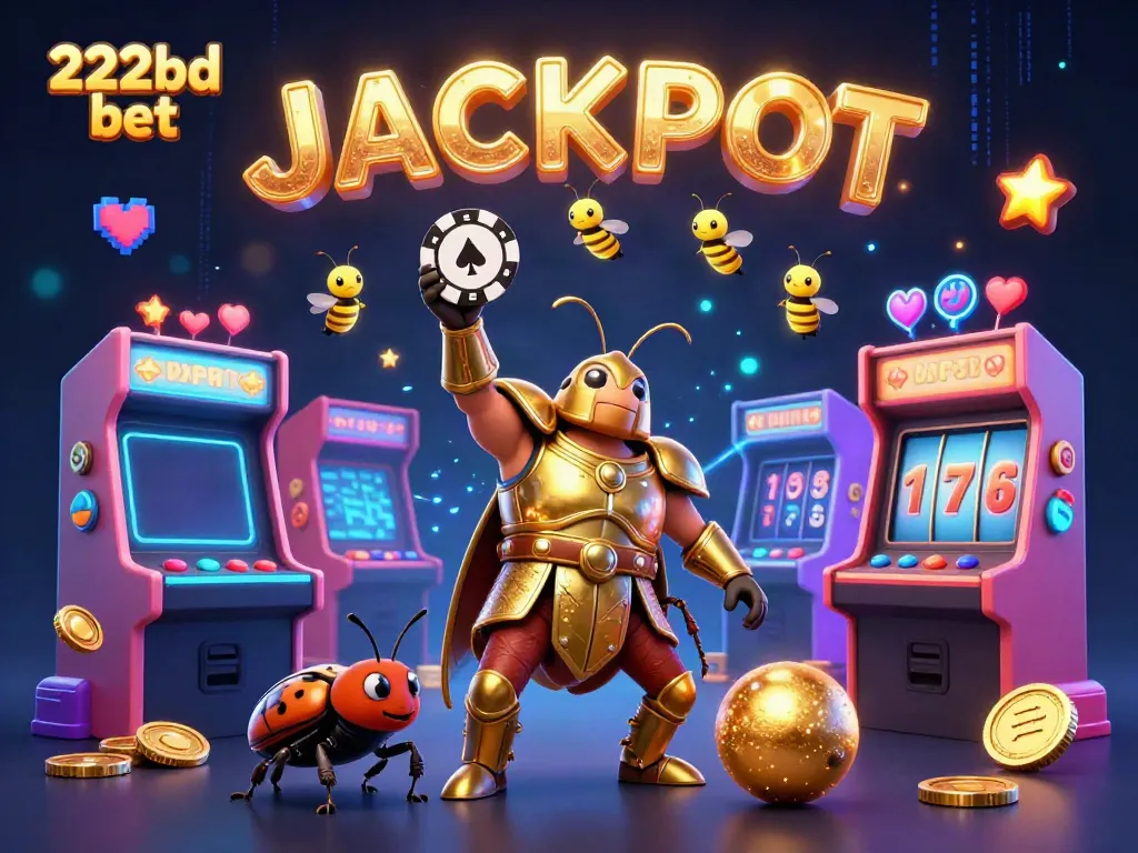 Experience the excitement of 222bd bet with animated characters celebrating a jackpot win in a vibrant casino scene.