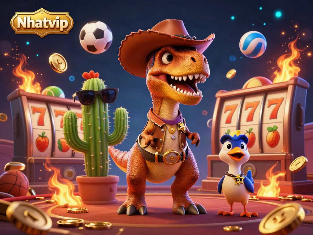 Nhatvip showcases dynamic 3D gambling scene with T-Rex, a cactus sidekick, and roadrunner amidst vibrant casino elements.